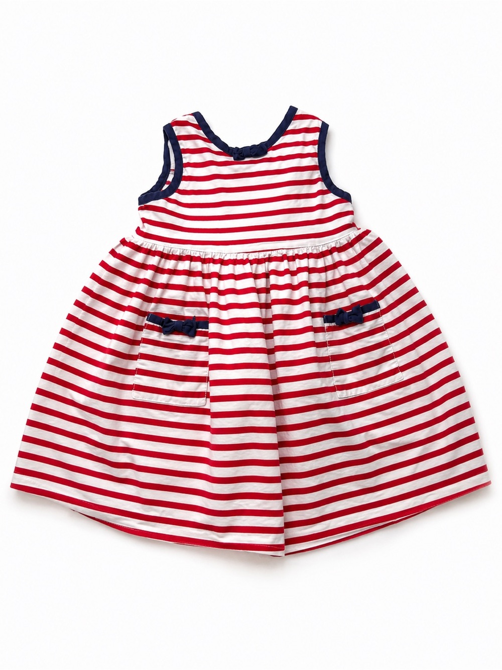 Florence Eiseman Red and White Striped Sleeveless Cotton Dress with Navy Trim